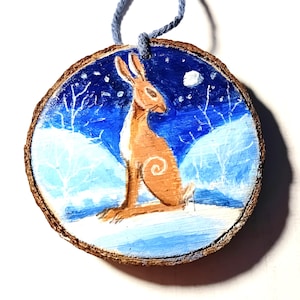 wood slice with hare and snow  hand painted