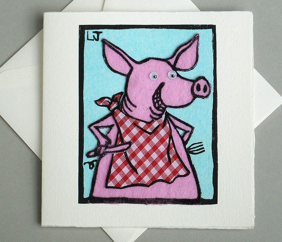 Original linocut print Greeting Card Piglet Pink