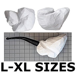 May include: Two irregular white chalk-like stones and one similar stone attached to a black curved pipe stem, positioned on a grey grid background. The text L-XL SIZES is printed in black at the bottom of the image, indicating the scale of the items.