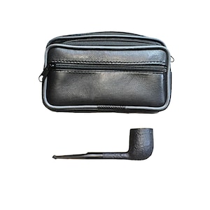 May include: A black leather pouch with a zipper closure and a gray trim, paired with a dark brown pipe. The pouch is rectangular and appears to be designed for carrying tobacco or other small items. The pipe has a curved stem.