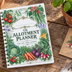 May include: A spiral-bound UK Allotment Planner notebook featuring a botanical illustration of various vegetables and herbs on the cover, with the text "UK ALLOTMENT PLANNER" and "PLAN - SOW - GROW - HARVEST" printed in dark green capital letters.
