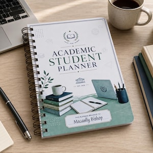 May include: A spiral-bound academic student planner with a white cover featuring the text ACADEMIC STUDENT PLANNER, a graphic of stacked books, a laptop, and a label reading THIS PLANNER BELONGS TO: Macaully Bishop in a teal and white colour scheme.