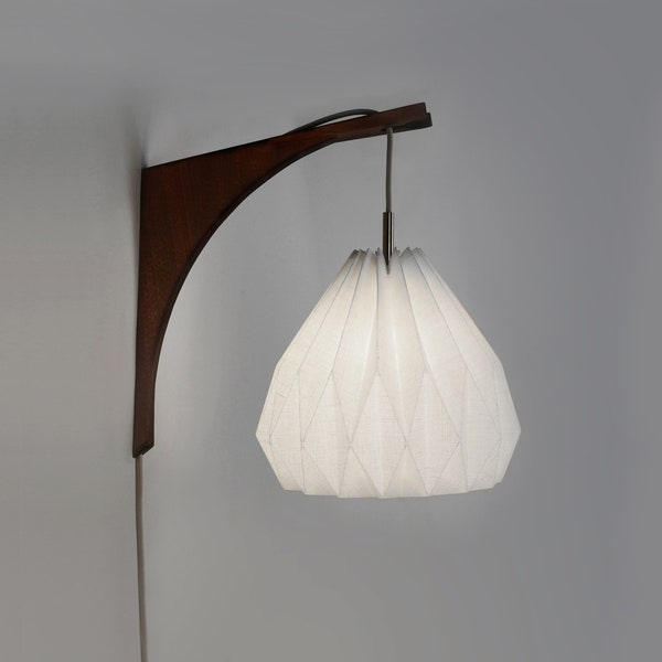 Wall Pendant Light  / Hanging Lamp with Wooden Bracket / 100% White Linen Fabric Pendant Lampshade