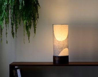 Table Lamp / Contemporary Lamp / Linen Lampshade / Wood Round Lamp / Black Walnut / 100% Linen Shade /