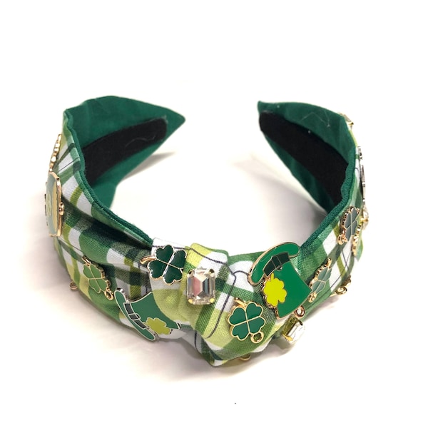 St. Patty's Shamrock Knotted Headband/Embellished Knotted Headband/Decorated Headbands/Pot of Gold Top Knot Headband/Irish Charms Headband