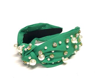 Green St. Patty's Knotted Headband/Green Faux Pearls Knot Headband/Rhinestone Knotted Headband/Irish Headbands/Embellished Headbands/