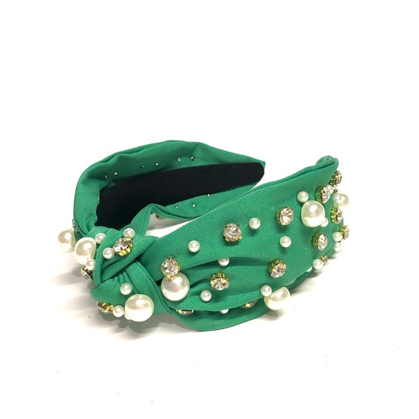 Green St. Patty's Knotted Headband/Green Faux Pearls Knot Headband/Rhinestone Knotted Headband/Irish Headbands/Embellished Headbands/