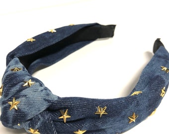 Dark Tie Dye Denim Headband,Star Studded Headband,Top Knot Headband,Dark Blue Denim,Back to School Denim,Gold Star Headband, Country Western