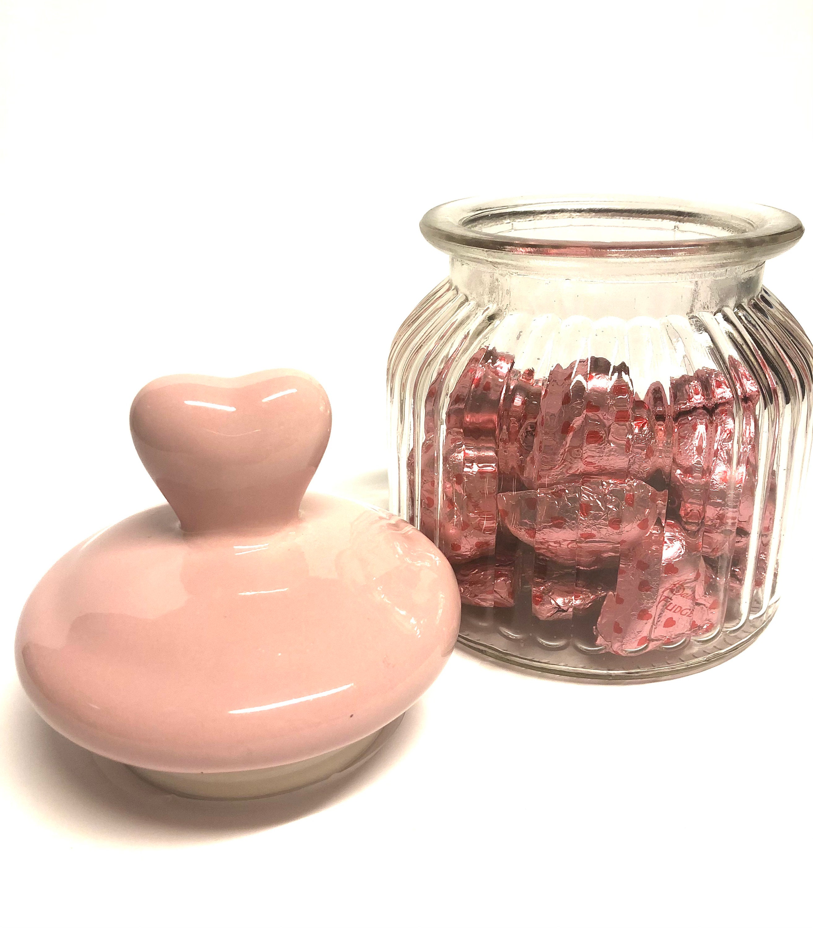 VALENTINE'S Glass Container Candy Jar Heart Lid Clear Pink 7  tall~NEW/LOVELY