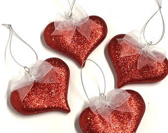 Set of 4 Heart Ornaments, Valentines Day, Ornaments,Heart Accents,Valentine's Decor, Heart Decoration, Glitter Red Hearts, Red Hearts, Heart