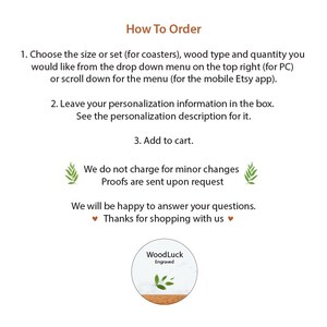 Op de afbeelding: Instructies voor het bestellen van gepersonaliseerde houten onderzetters. Kies de maat, het type hout en de hoeveelheid. Laat de personalisatie-informatie in het vak achter. Voeg toe aan winkelwagen. We rekenen geen extra kosten voor kleine aanpassingen. Bewijzen worden op aanvraag verzonden. Bedankt voor uw aankoop. WoodLuck Engraved.