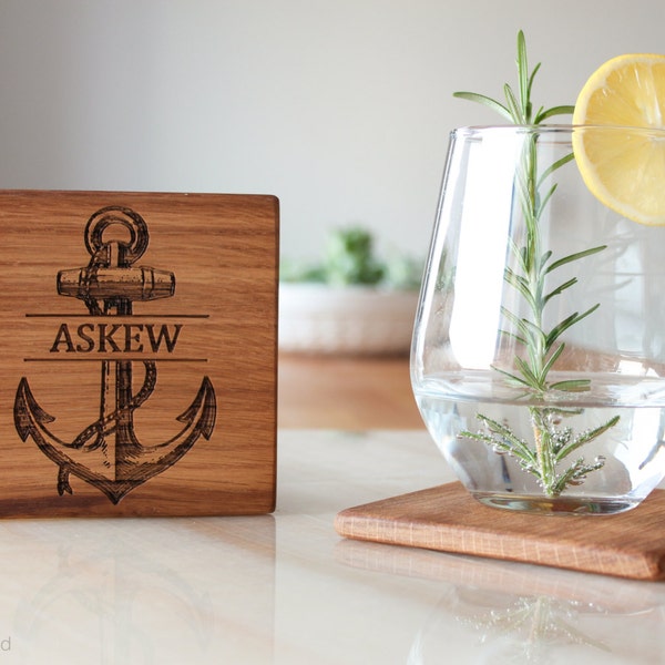 Personalized Coaster Set, Nautical Gifts for Men, Sailor Gift, Custom Wood Birthday Gift, Anniversary Gift For Husband, Engraved Anchor