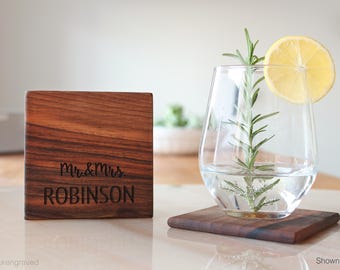 Personalized Coaster Set, Custom Engraved Coasters, Wooden Drink Walnut Coaster, Engagement Gift For Couple, Wedding Present, Housewarming