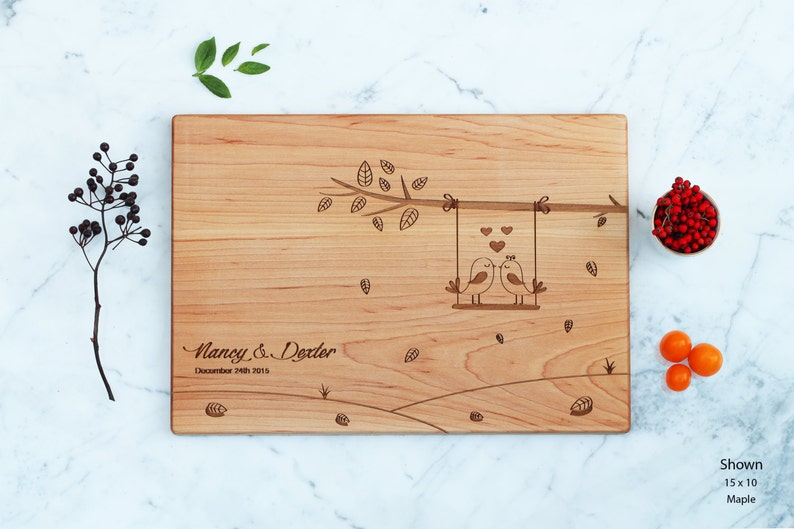 Valentine Gifts Maple Cutting Board Love Birds On A Tree Engraved Custom Wedding Decor Gift For The Couple Script Names Bridesmaids/' Gifts