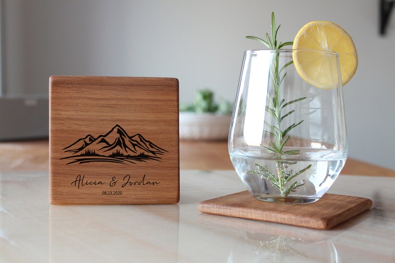 square coaster made from high-quality wood-engraved mountains image, your chosen message is the Great Gift for Camper