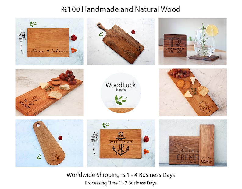 Op de afbeelding: Een verzameling gepersonaliseerde houten snijplanken en serveerplanken. De planken zijn gemaakt van natuurlijk hout en hebben verschillende gravures, waaronder namen, initialen en ontwerpen. De planken zijn perfect om kaas, charcuterie en andere hapjes op te serveren.