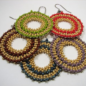 Boho Earrings, Large Round Earrings, Hoop Earrings, Hippie Earrings, Round Beaded Earings, Seed Bead Earrings