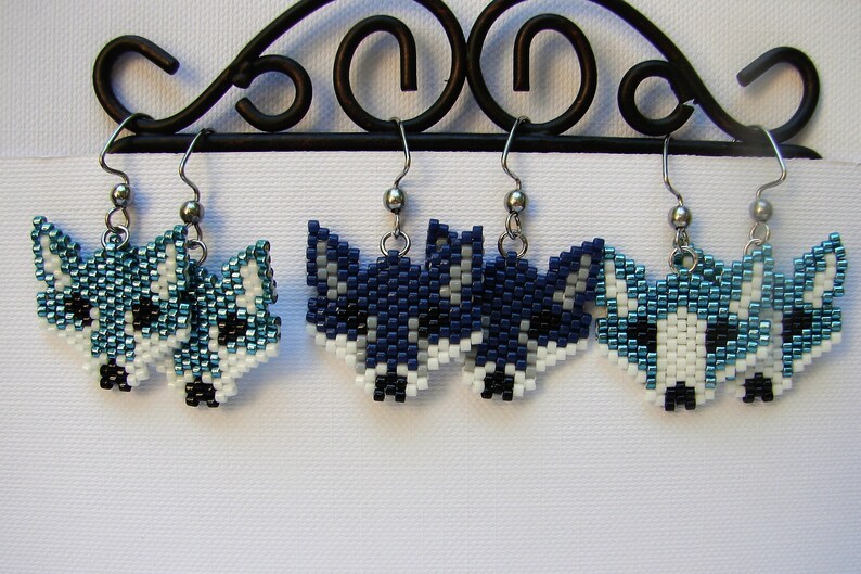 Fox Earrings, Seed Bead Fox Earrings, Teal Fox Earrings, Navy Blue Fox Earrings, Peyote Fox Earrings. Coyote Earrings image 1