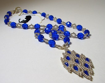 Blue Necklace with Pendant, Fashion Necklace, Blue Czech Glass and Silver Seed Beads, Classic Blue Necklace