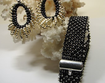 Beaded Bracelet and Earring Set Black & Silver Beaded Bracelet Dangle Earring