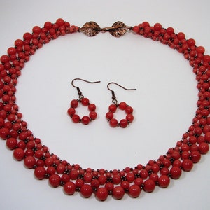 Coral Jade Necklace & Earring Set, Right Angle Weave, Copper Clasp