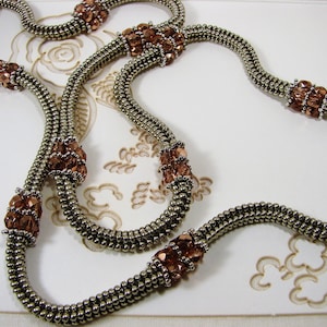 Rope Necklace, Tubular Herringbone Beaded Necklace, Handmade Beaded Necklace, Silver, Metallic Apricot Necklace, Evening Ware Jewelry