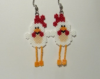 Rooster Earrings,  Chicken Earrings, White Seed Bead Chic Earrings,  Easter Earrings. Easter Chicken Earrings, Handmade Rooster Earrings