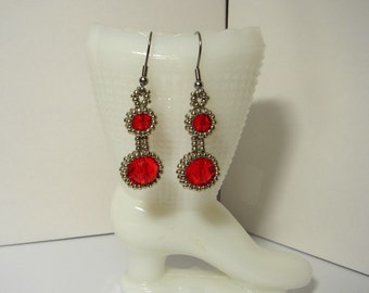 Christmas Earrings, Red Earrings, Czech Glass Earrings, Seed Bead Earrings