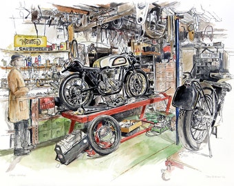 Motorcycle, Motorcycle Art, Motorbike Illustration, Man Cave, Father's Day Gift, Biker, Mechanic Gift, Motorbike, Garage, Giclee