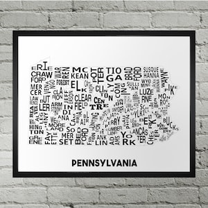 Carte de typographie des comtés de Pennsylvanie en Pennsylvanie | Fait main | Carte du comté de Pennsylvanie | Impression de carte d'état des États-Unis | Décoration d'intérieur Pennsylvanie