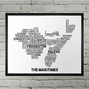 Carte typographique des villes des Maritimes Impression | Fait main | Carte des Maritimes | Maritimes Impression | Art de la carte des Maritimes | Décoration d'intérieur des Maritimes | Cadeau de déménagement
