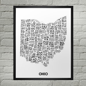 Ohio OH Counties Typografie Karte Drucken | Handarbeit | Ohio Grafschaft Karte | US Bundesstaat Karte Drucken Kunst | Ohio Kunst Dekor