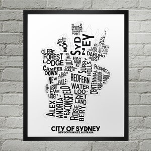 Carte de la ville des communautés de la ville de Sydney | Fait main | Carte de la ville de Sydney, Australie | Impression de la ville de Sydney | Art de la carte de la ville de Sydney