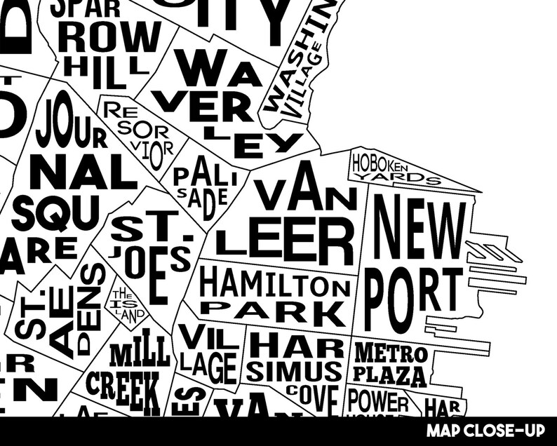 May include: Black and white map of New York City neighborhoods. The map is a close-up of the lower Manhattan area. The neighborhoods are labeled with their names, including Greenwich Village, Washington Square, SoHo, Tribeca, and the Financial District.