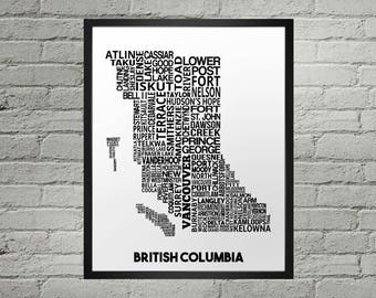 British Columbia Cities Typography Map Print | Handmade | British Columbia Map | British Columbia Print | BC City Map Print | Map Home Decor