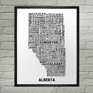 Impression de carte typographique des villes de l'Alberta | Fait main | Carte de l'Alberta | Alberta Impression | Carte de l'Alberta | Décoration d'intérieur Alberta | Impression du plan de la ville de l'Alberta