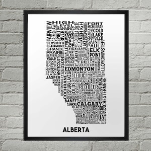 Alberta Cities Typography Map Print Handmade Alberta Map Alberta Print Alberta Map Art Alberta Home Decor AB City Map Print image 1