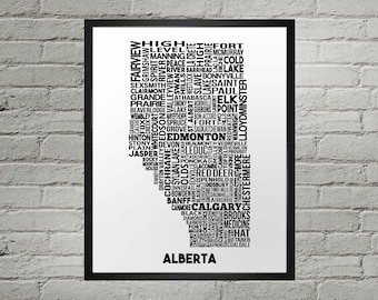 Alberta Cities Typography Map Print | Handmade | Alberta Map | Alberta Print | Alberta Map Art | Alberta Home Decor | AB City Map Print