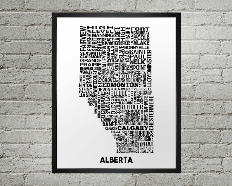 Alberta Cities Typography Map Print Handmade Alberta Map Alberta Print Alberta Map Art Alberta Home Decor AB City Map Print image 1