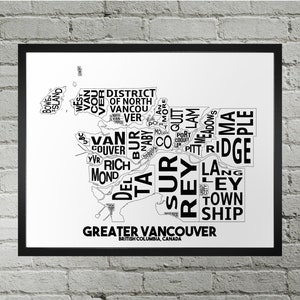 Carte typographique de la ville du Grand Vancouver | Fait main | Carte du Grand Vancouver, Colombie-Britannique | Impression du Grand Vancouver | Décoration d'intérieur RDRV