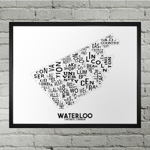 Impression du plan de la ville du quartier de Waterloo | Fait main | Carte de Waterloo, Ontario | Impression de Waterloo | Carte de Waterloo | Décoration d'intérieur Waterloo | Illustration de la carte