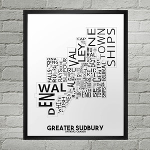 Impression de carte de la ville du Grand Sudbury | Fait main | Carte du Grand Sudbury, Ontario | Impression du Grand Sudbury | Carte artistique du Grand Sudbury