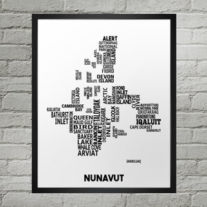 Carte typographique des communautés du Nunavut | Fait main | Carte du Nunavut | Nunavut Imprimer | Art de la carte du Nunavut | Décoration d'intérieur du Nunavut | Cadeau de déménagement