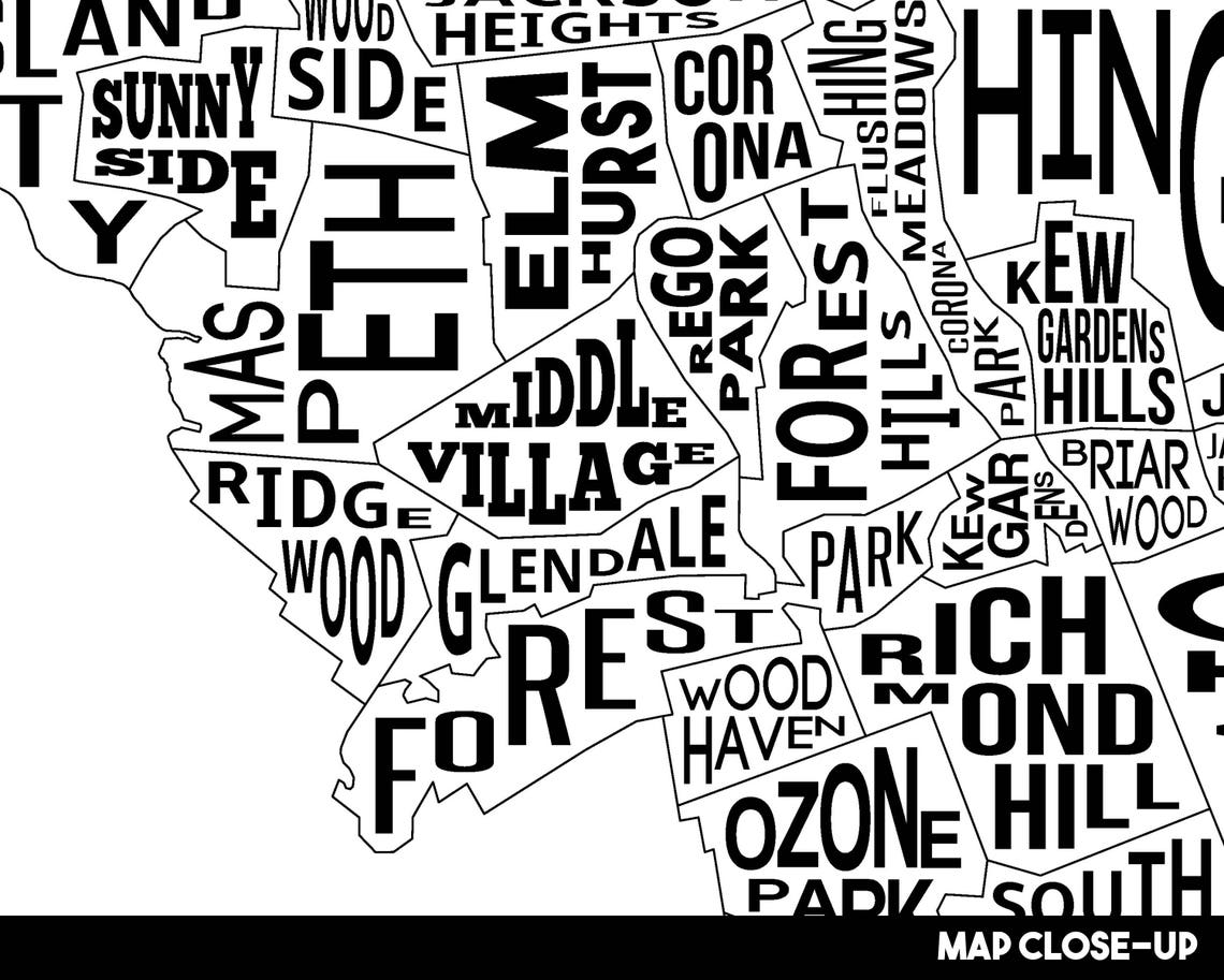 Queens Neighborhood City Map Print Handmade Queens New Etsy