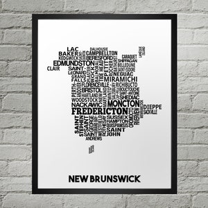 Carte typographique des villes du Nouveau-Brunswick | Fait main | Carte du Nouveau-Brunswick | Nouveau-Brunswick Imprimer | Carte du Nouveau-Brunswick | Impression de la carte de la ville du N.-B.