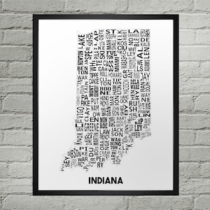 Impression de carte de typographie des comtés de l'Indiana | Fait main | Carte du comté d'Indiana | Impression de carte d'état des États-Unis | Décoration d'intérieur art déco de l'Indiana