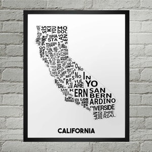 Carte de typographie des comtés de Californie en Californie | Fait main | Carte du comté de Californie, États-Unis | Impression de carte d'état des États-Unis | Art déco californien