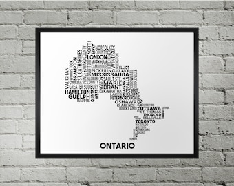 Mappa tipografica delle città dell'Ontario / Stampa fatta a mano / Mappa dell'Ontario / Stampa dell'Ontario / Arte della mappa dell'Ontario / Mappa della città dell'Ontario / Decorazione per la casa con mappa / Regalo per trasloco