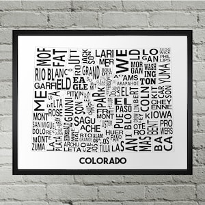 Impression de carte de typographie des comtés du Colorado | Fait main | Carte du comté des États-Unis dans le Colorado | Art d'impression de carte d'état du Colorado des Etats-Unis | Carte de l'état des États-Unis