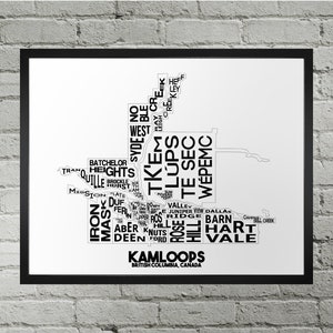 Impression du plan de la ville du quartier de Kamloops | Fait main | Kamloops, Colombie-Britannique : carte | Impression Kamloops | Illustrations de la carte de Kamloops | Décoration d'intérieur Kamloops